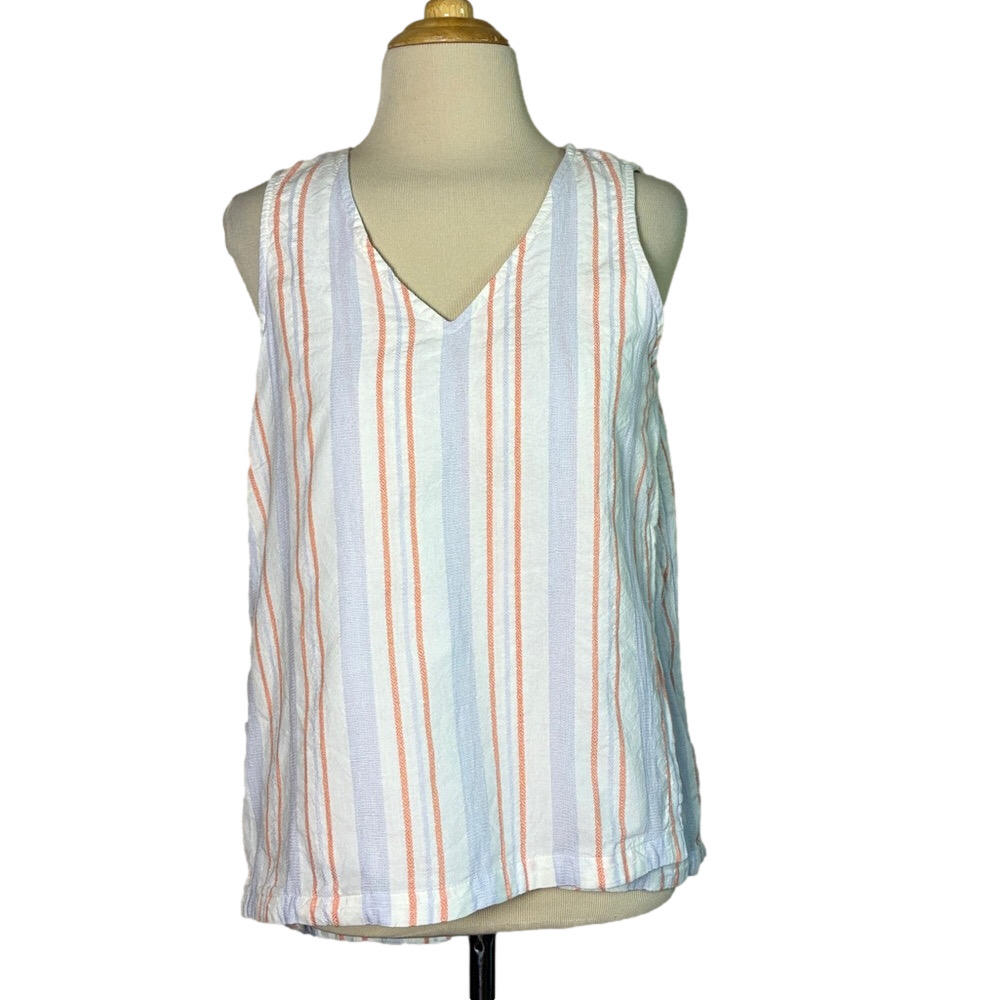 SIGRID OLSEN Medium Striped Cotton Blend Vneck Sleeveless Tunic Top Beachy Boho